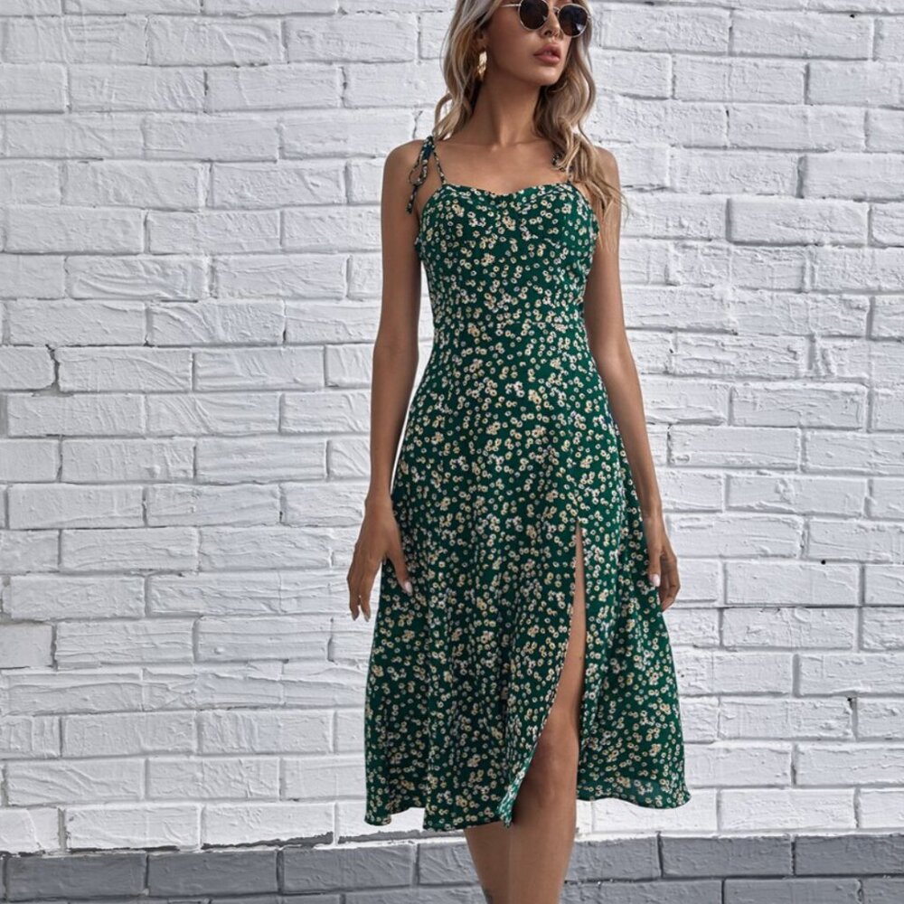 SHEIN Tie Shoulder Split Hem Ditsy Floral Cami Dress, Size XL